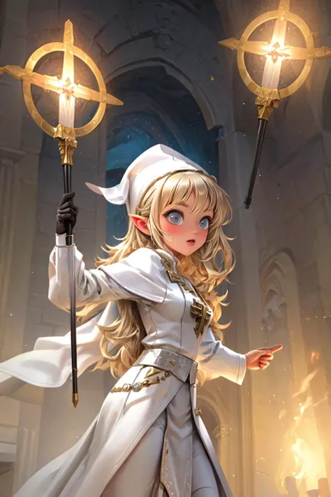 a woman in a white coat holding a wand and a star