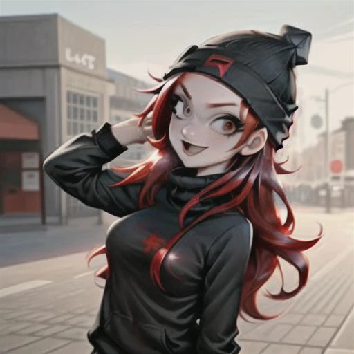 anime girl with red hair and black top standing on street