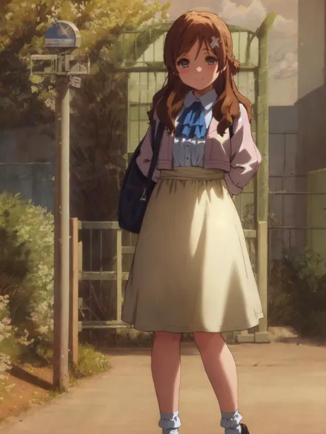 anime girl in a skirt and jacket standing on a sidewalk