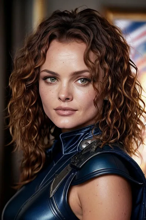 photo of seductive (d1n4m3y3r-135:0.99), a woman as a sexy space marine, (closeup portrait), (sexy space marine uniform:1.1), in a (battlefield), (curly hair), (long trousers), (masterpiece:1.5) (photorealistic:1.1) (bokeh) (best quality) (detailed skin te...