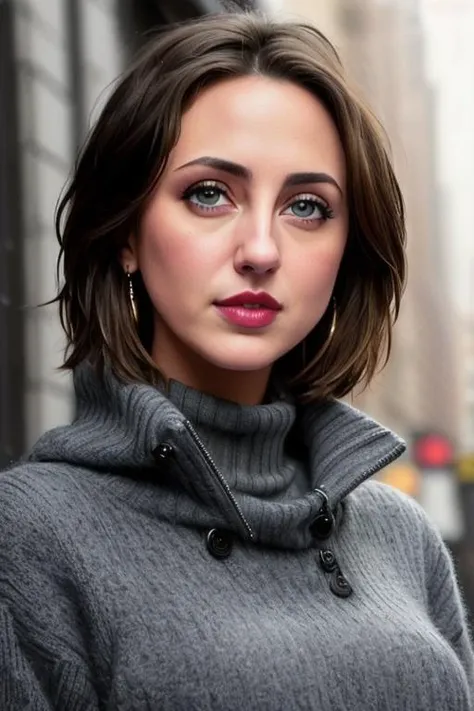 photo of evaamurri:0.99, a woman with black hair, neat hair, ((short hair, pixie cut)), ((pale skin)), ((closeup, portrait):1.1), ((turtleneck sweater, heavy coat):1.2), ((cloudy, overcast, raining, outdoors, city street):1.2),((detailed face, beautiful fa...