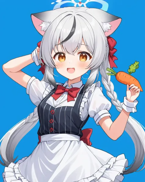 breathtaking,kokona (blue archive),1girl, solo, blush, open mouth, skirt, simple background, shirt, hair ornament, white shirt, braid, short sleeves, :d, frills, teeth, striped, puffy sleeves, bowtie, black skirt, apron, vest, arm up, red bow, puffy short ...