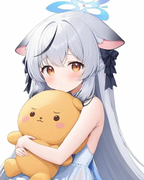 kokona (blue archive),1girl, pout, looking_at_viewer, solo, white_background, :t, simple_background, blush, object_hug, hair_ribbon, bare_shoulders, dress, stuffed_animal, closed_mouth
<lora:kokona_(blue_archive)_image1689_2023-11-28-000014:1>halo. gorgeou...