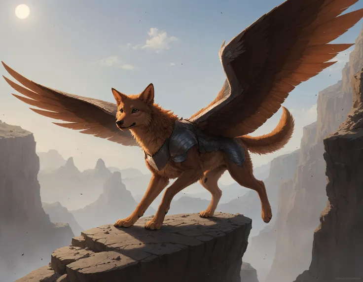 high quality, masterpiece,digital media (artwork),
BREAK
a feral canine flying on the edge of a cliff with a lot of rocks scattered around, wings, (armor:1.1), detailed fur