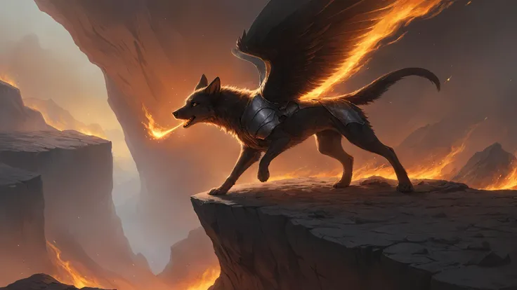 high quality, masterpiece,digital media (artwork),
a feral canine flying on the edge of a cliff with a lot of rocks scattered around, wings, (armor:1.1), detailed fur, fire breathing