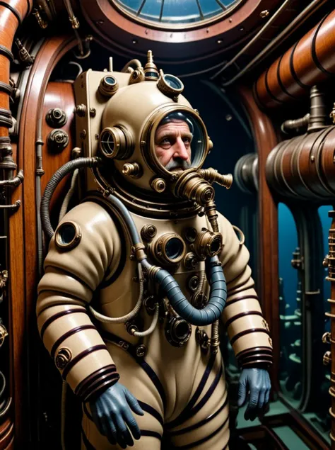 arafed man in a diving suit standing in a room with pipes