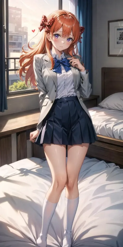 anime girl in school uniform posing on bed with her hands on her hips