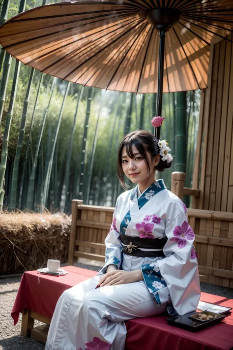 araffe woman in a kimono sitting on a bench under an umbrella