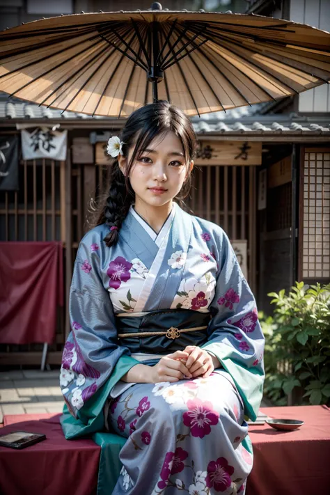 arafed woman in a kimono sitting on a bench under an umbrella