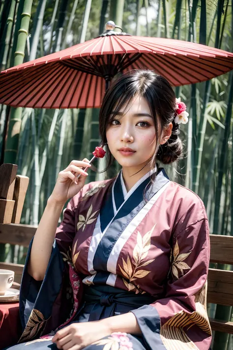 araffe woman in a kimono sitting on a bench with an umbrella