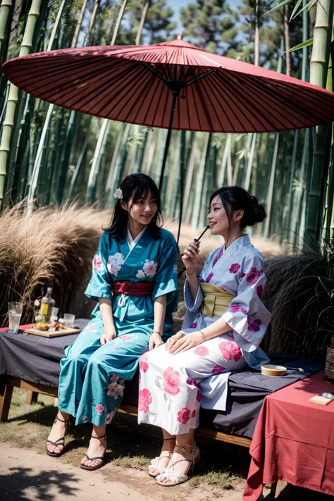 two women in kimono sitting on a bench under an umbrella