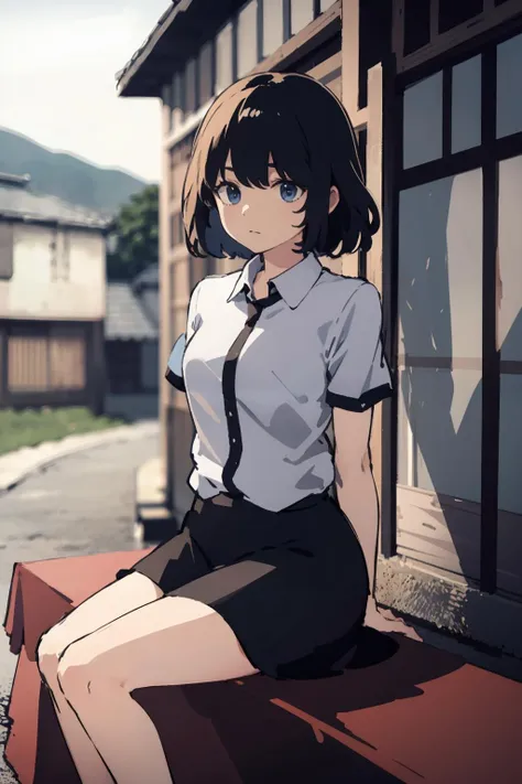 anime girl sitting on a bench in front of a building