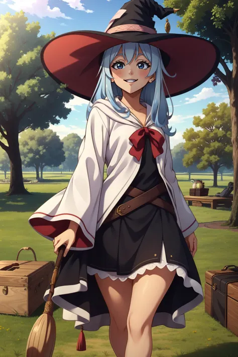 anime girl in a witch costume with a broom and suitcase