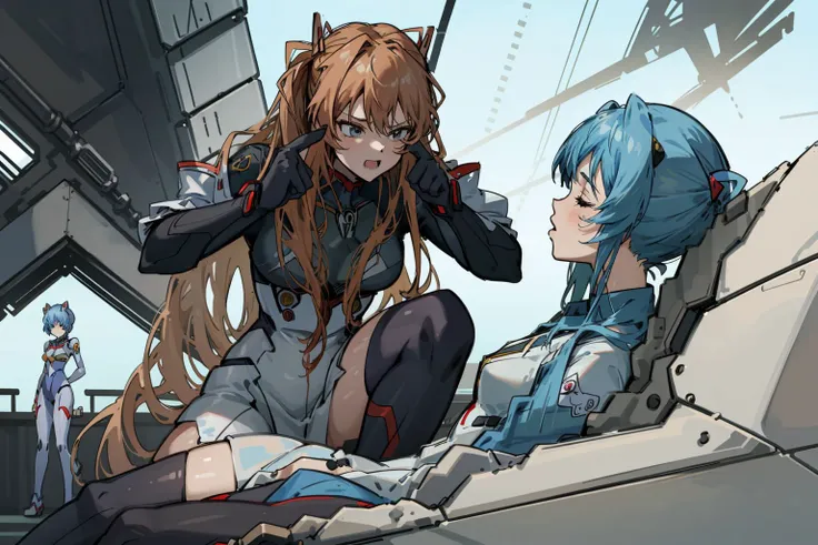 multiple characters,2girls, <lyco:THINKMARK-v1:1.0>
souryuu_asuka_langley  squatting pointing to self serious, mecha costume, crossover,
ayanami_rei leaning on floor with eyes closed, futuristic room