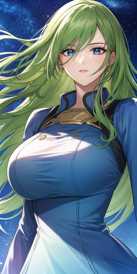 a woman with long green hair and blue eyes standing in front of a blue sky