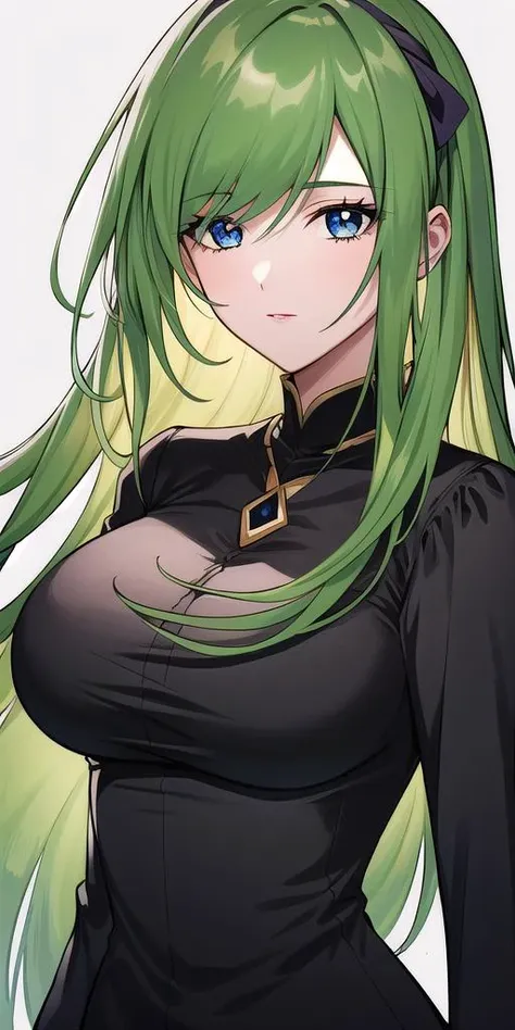 a close up of a person with long green hair and a black top