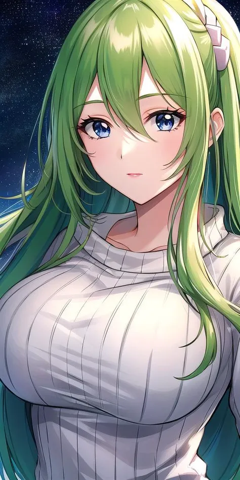 a close up of a woman with long green hair and a white shirt