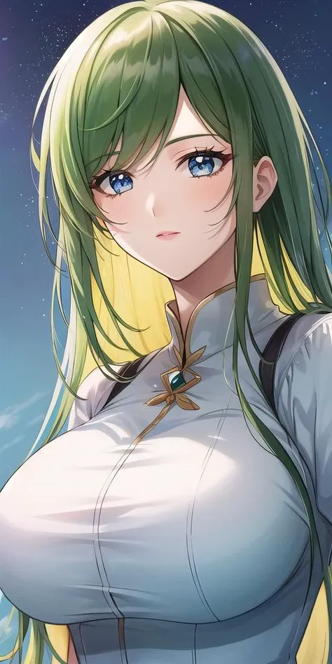 a woman with long green hair and blue eyes standing in front of a sky