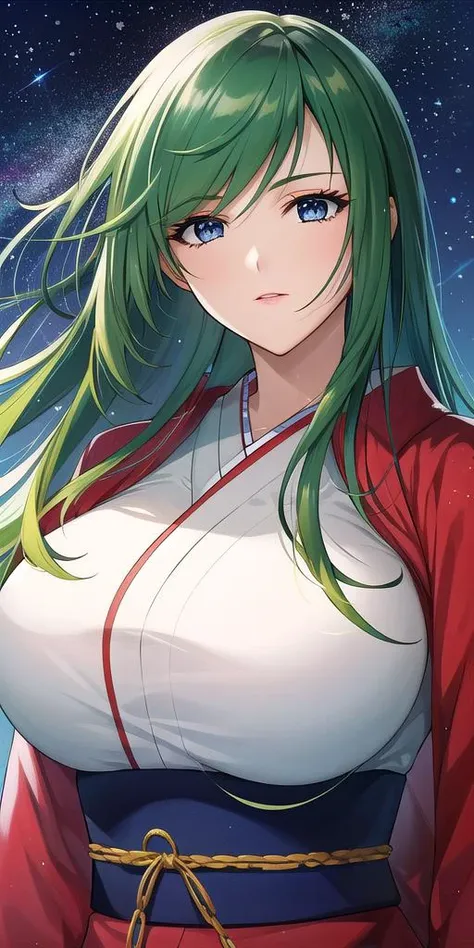 a woman with green hair and a white shirt is standing in front of a starr sky