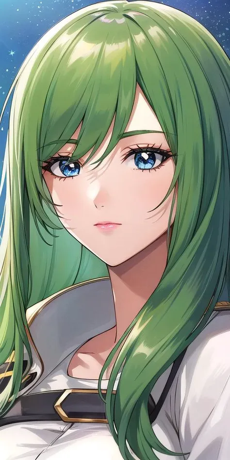 a close up of a person with long green hair and a white shirt