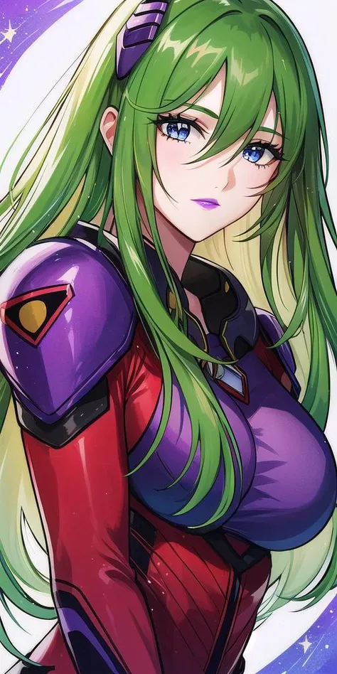 a close up of a woman with long green hair and a purple shirt