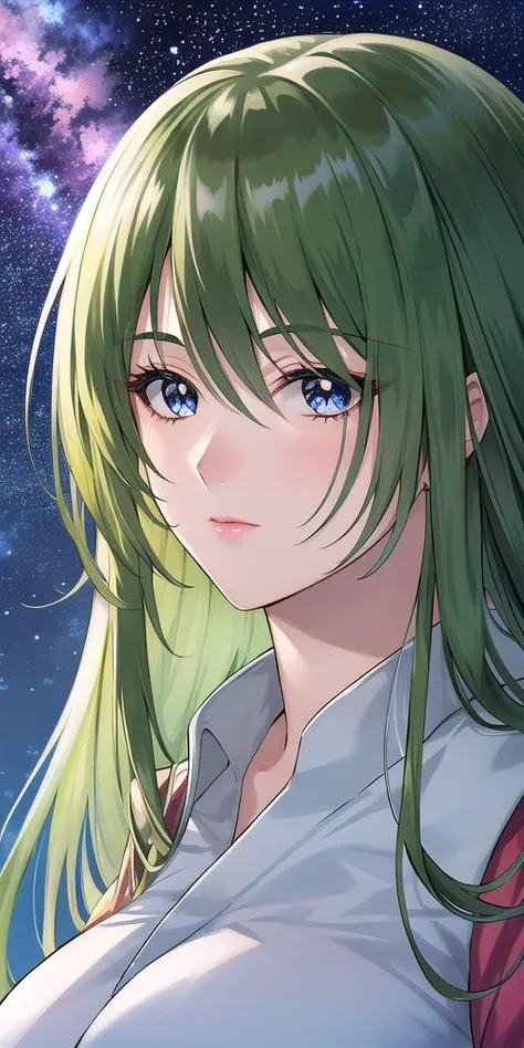 a woman with long green hair and blue eyes in front of a galaxy