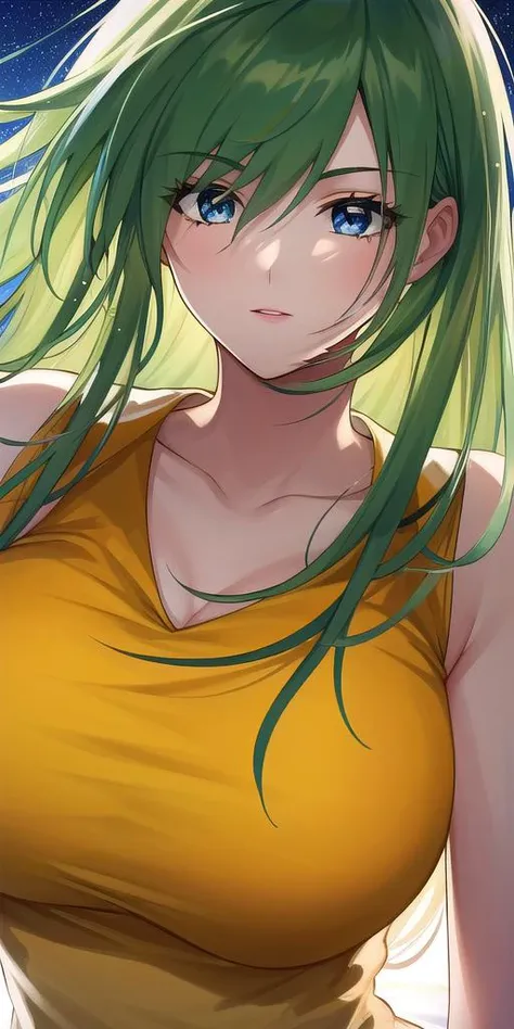 a woman with green hair and a yellow top is staring at the camera