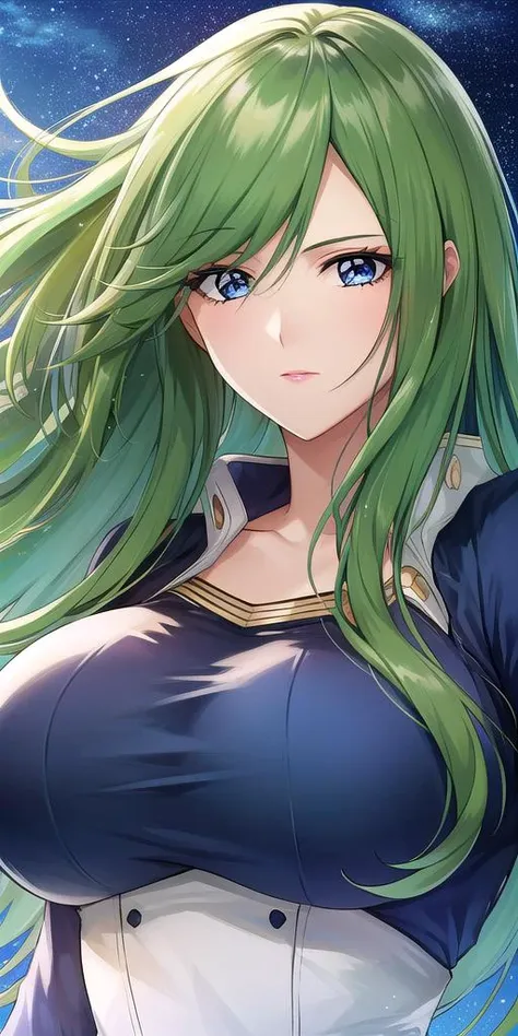 a woman with long green hair and blue eyes in a space setting