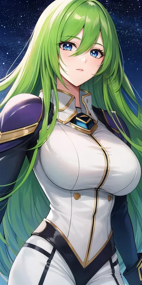 a woman with green hair and a white top is standing in front of a starr sky