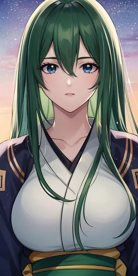 a woman with green hair and blue eyes in a white top