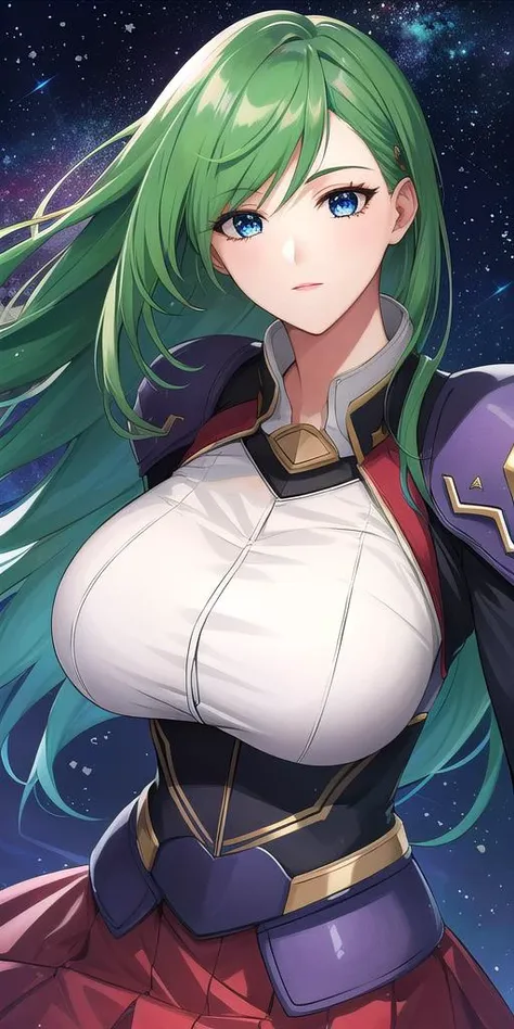 a woman with green hair and a white shirt is holding a sword