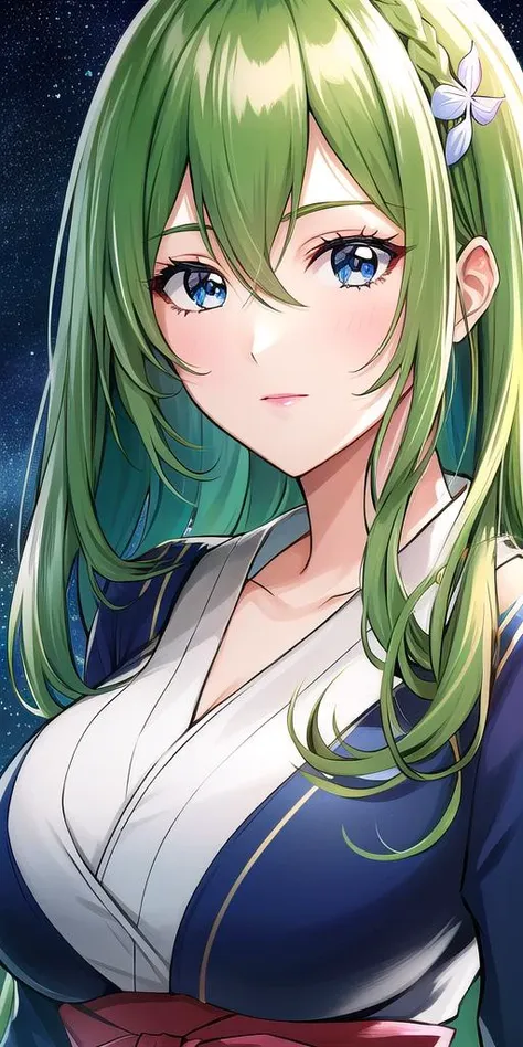 a woman with long green hair and blue eyes in a dress