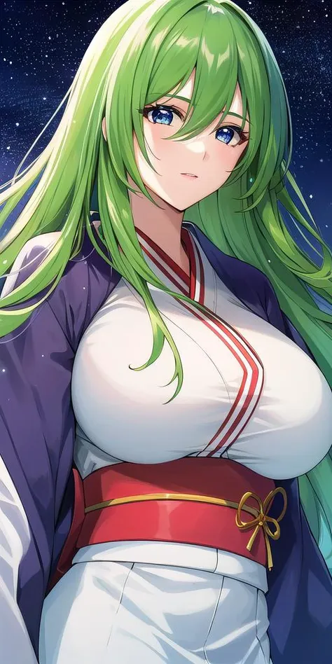 a woman with green hair and a white top is standing in front of a starr sky