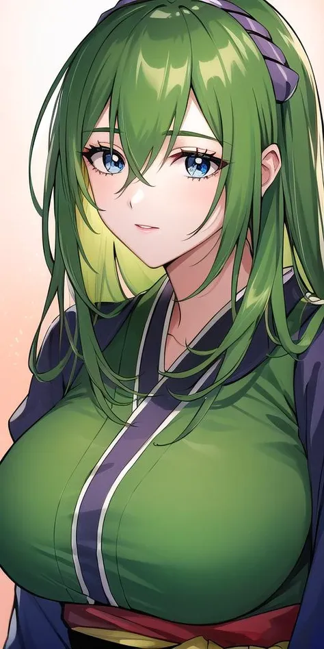 a close up of a woman with green hair and a green top