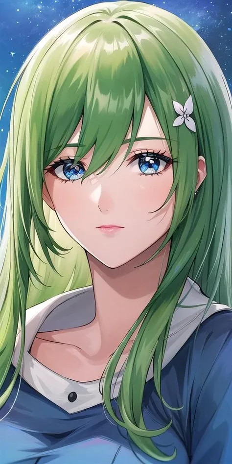 a girl with green hair and blue eyes looks at the camera