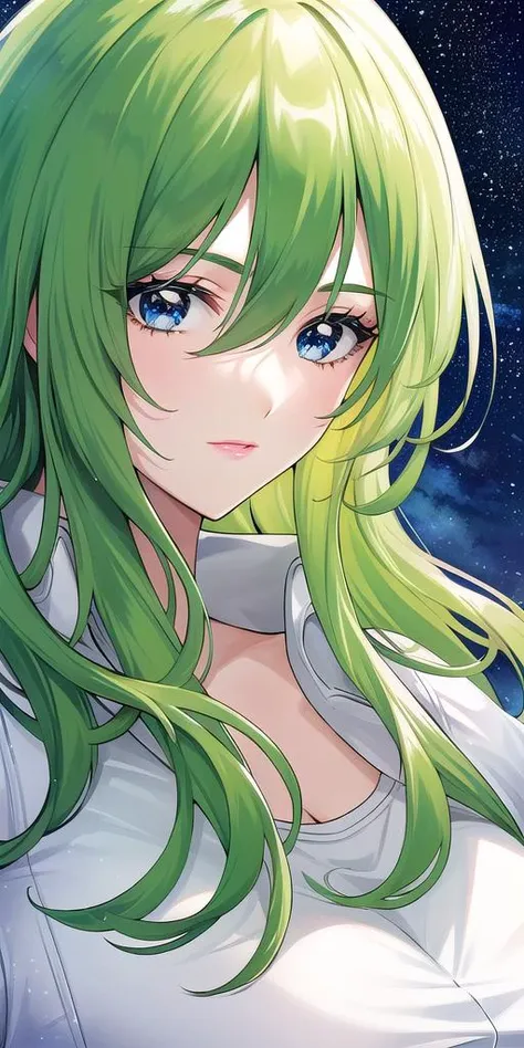 a close up of a woman with long green hair and a white shirt