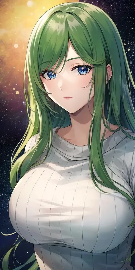 a woman with green hair and blue eyes standing in front of a galaxy