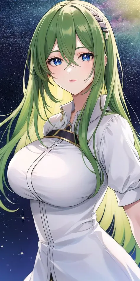 a woman with long green hair and a white dress in front of a starr sky