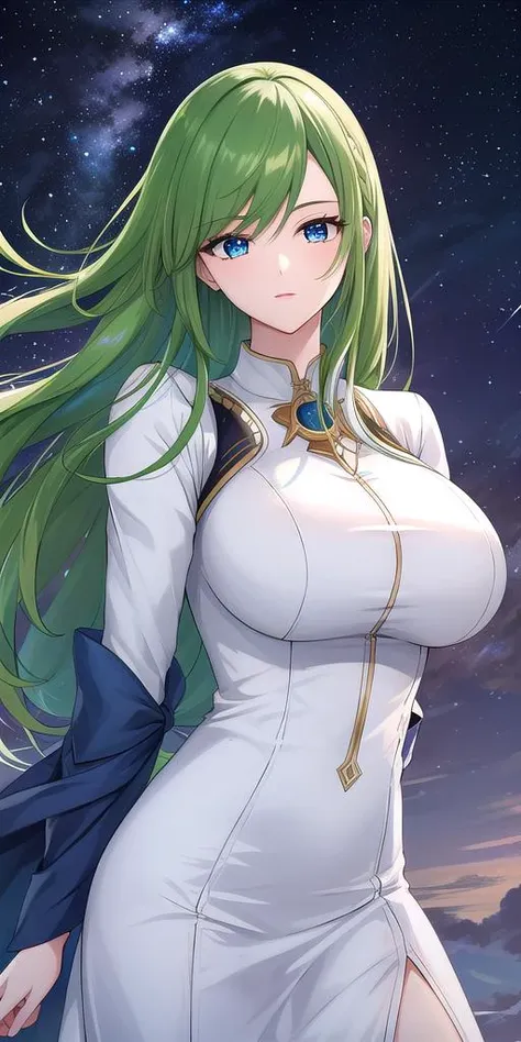 a woman with long green hair and a white dress is standing in front of a night sky