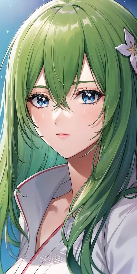 a close up of a person with long green hair and a flower in her hair