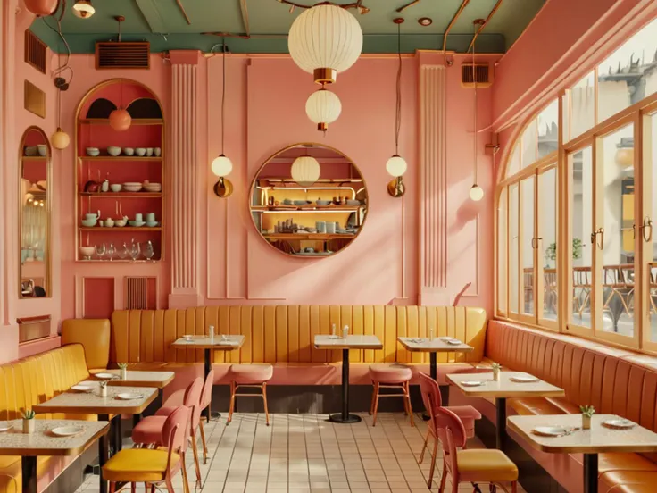 Wes Andersons restaurant, album cover, architecture, bookshelf, building, city, East Asian architecture, ladder, lantern, no humans, scenery, window, Wes Andersons symmetrical style, pastel tones, quirky vintage décor. The interior features vintage furnitu...