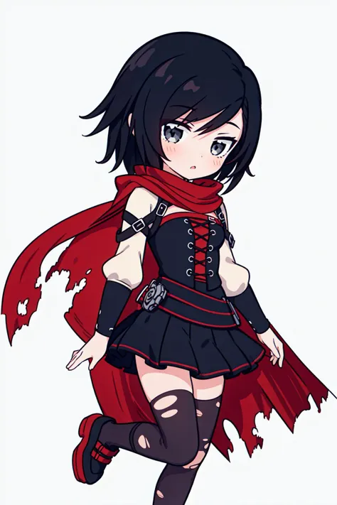 (1girl),<lora:Ruby_RWBY_v13:0.7>,(Ruby Rose from RWBY), Ruby_RWBY,1girl, short hair, black hair, solo, cape, grey eyes, red cape, corset, thighhighs, torn clothes, torn thighhighs, black skirt, zettai ryouiki, dress, scarf, rose, torn cape, black thighhigh...