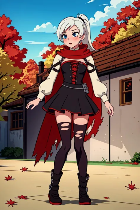 (1girl),<lora:Ruby_RWBY_AnyLora_LessTagsAbsorbed:0.6>,(weiss schnee from RWBY),solo, (side ponytail), (white hair), solo, cape, blue eyes, red cape, corset, thighhighs, torn clothes, torn thighhighs, black skirt, zettai ryouiki, dress, scarf, rose, torn ca...