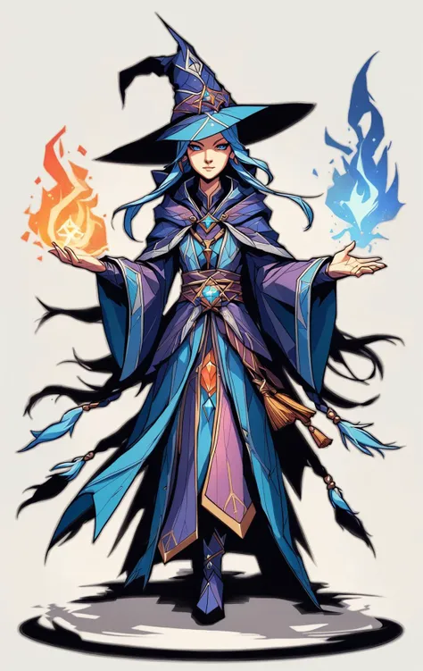 a drawing of a woman in a witch costume holding a blue fire