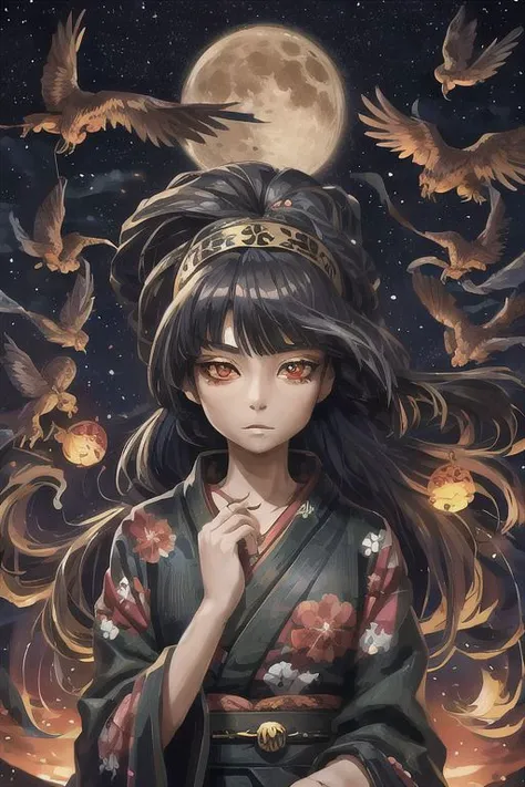 a black woman with red long straight hair and a full moon in the background with birds flying around her head and a full moon in the sky, kimono print with small skulls, vibrant make up, dark background, puzzle eyes, highly detailed