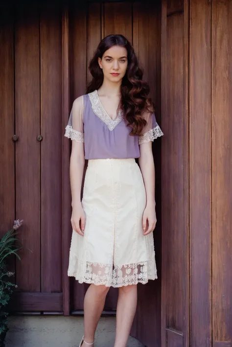 a portrait photo of a beautiful pale woman, Lavender Lace Beaded fringe blouse with a knee-length skirt and Mary Jane heels, shot with Rolleiflex 2.8F, detailed face, detailed hair, best quality, masterpiece, (photorealistic:1.4) <lora:talidova:1>