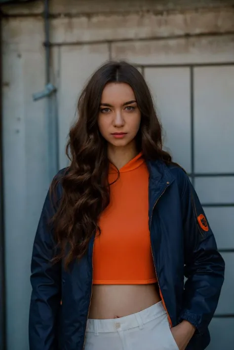 A stunning intricate full color portrait of  a beautiful woman, wearing a orange jacket, in a shadowy garage, flashlight, , epic character composition,by ilya kuvshinov, alessio albi, nina masic,sharp focus, subsurface scattering, f2, 35mm, film grain , pa...