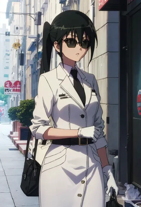 best quality, masterpiece, highres, solo, {mitsuba_mutsumi_seitokaiyakuindomo:0.90}, {black business suit:1.40}, {tie:1.20}, {sunglasses:1.25}, {white gloves:1.15}, {white shirt:1.10}, {black skirt:1.15}, {smoking:1.20}, handsome