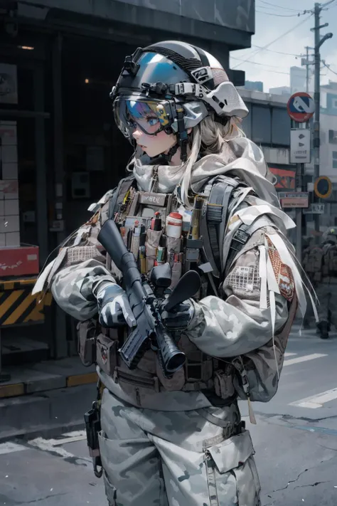 solo,1girl,outdoors,cityscape,(cowboy shot:1.2),standing,<lora:0308 U.S. Navy SEAL Special Forces Snow Precision Shooter_v1:0.9>,ruanyi0308,armor,assault rifle,camouflage,helmet,holding weapon,load bearing vest,backpack,m4 carbine,, best quality,masterpiec...