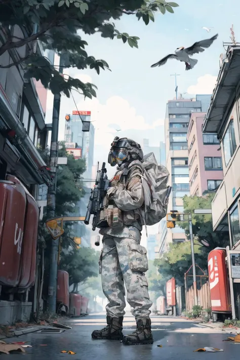 a man in camouflage standing on a street with a rifle